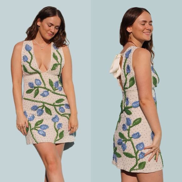 NWT Ganni Orsay Embellished Chiffon Mini Dress White Blue US 8/10 - Picture 2 of 9